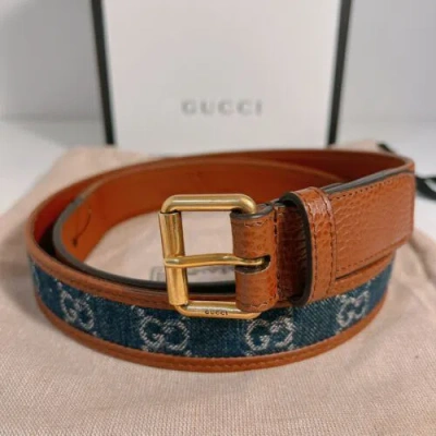 Pre-owned Gucci Denim Gg Monogram Dollar Calfskin Belt 95cm In Multicolor