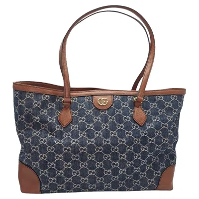 Pre-owned Gucci Denim Gg Monogram Medium Ophidia Shopping Tote In Black