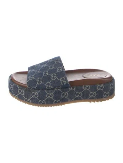 Pre-owned Gucci Denim Graphic Print Slides In Blue