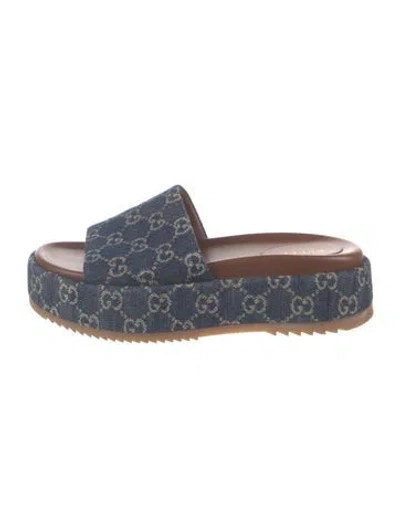 Pre-owned Gucci Denim Graphic Print Slides In Blue