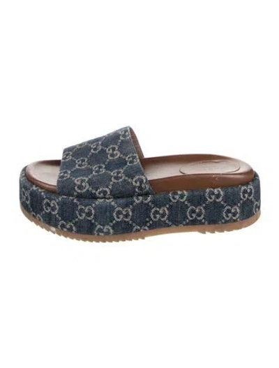 Pre-owned Gucci Denim Graphic Print Slides In Blue