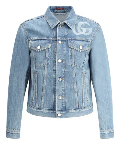 Gucci Light Blue Jacket With Gg Logo Print On The Front In Denim Man In Black