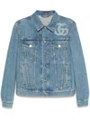 Gucci Light Blue Jacket With Gg Logo Print On The Front In Denim Man In Blue