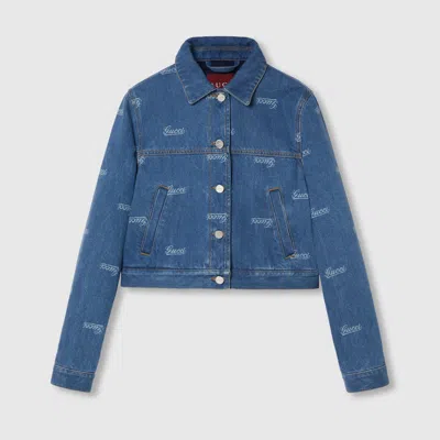 Gucci Womens Blue Mix Boxy-fit Branded Denim Jacket