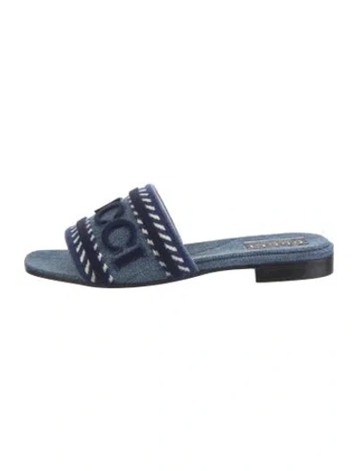 Pre-owned Gucci Denim Logo Embroidered Flat Slide Sandals Denim Slides In Blue