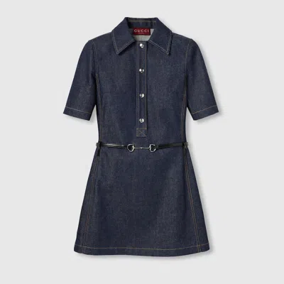 Gucci Denim Mini Dress With Horsebit In Blue