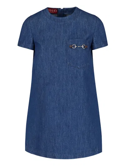 Gucci Denim Mini Dress With Snaffle In Blue
