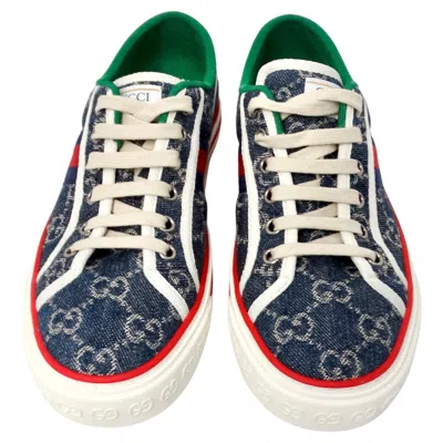 Pre-owned Gucci Denim Monogram Web 1977 Tennis Blue Sneakers