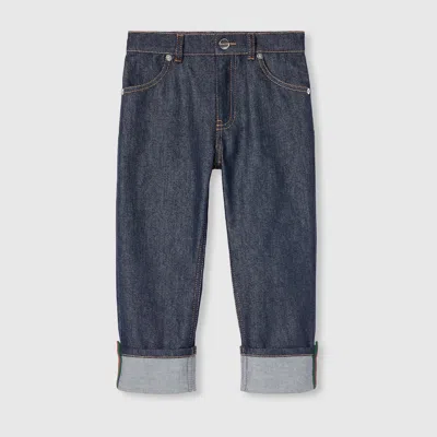 Gucci Kids' Denim Pants With Web In Blue