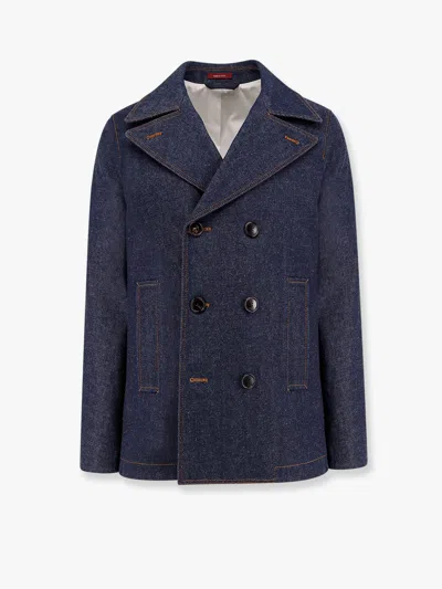 Gucci Denim Peacoat With Contrasting Stitching In Blue
