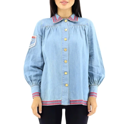 Gucci Denim Piped Trim Chambray Shirt In Blue