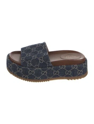 Pre-owned Gucci Denim Printed Slides In Blue
