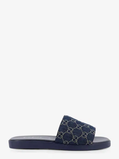 Gucci Denim Sandals With Gg Motif In Blue