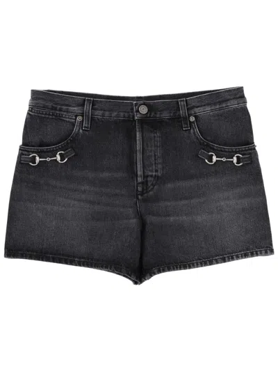 Gucci Denim Shorts With Horsebit Detail In Blue
