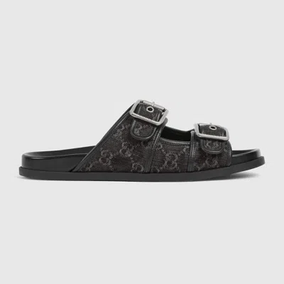 Gucci Denim Slider Sandal With Buckles In Black