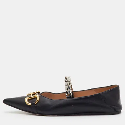 Pre-owned Gucci Deva Size 37.5 Black Leather Horsebit Chain Ballet Flats