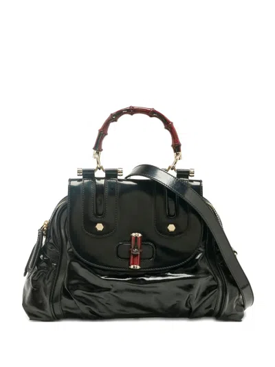 Pre-owned Gucci Dialux Pop Bamboo Satchel In Black