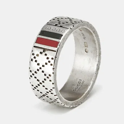 Pre-owned Gucci Diamantissima Enamel Sterling Silver Ring Size 63