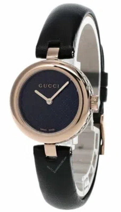 Pre-owned Gucci Diamantissima Sm Pink Pvd Gold Black Lthr Women's Watch Ya141501