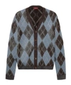 Gucci Wool Blend Cardigan With Embroidered Argyle Pattern In Gray Blue And Brown