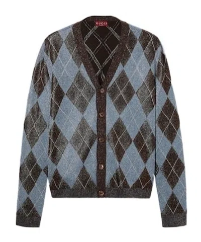 Gucci Diamond-knitted Cardigan In Gray Blue And Brown