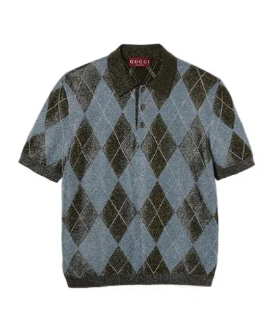 Gucci Diamond-knitted Polo Shirt In Gray Blue And Brown
