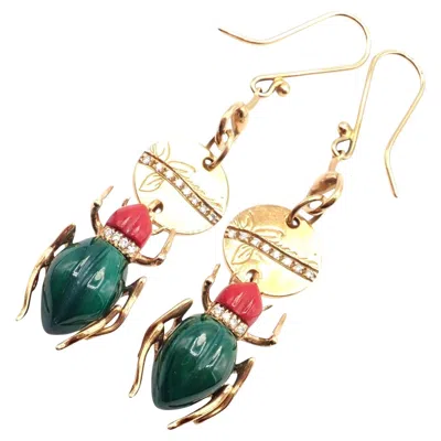 Pre-owned Gucci Diamond Malachite Carnelian Scarab Yellow Gold Drop Earrings