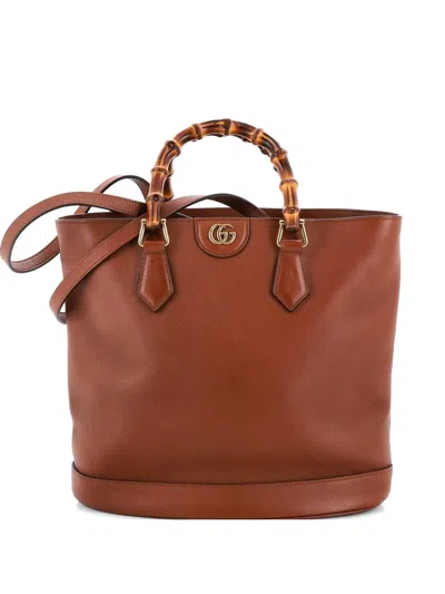 Pre-owned Gucci Diana Bamboo Handle Round Leather Medium Tote Bag In Brown