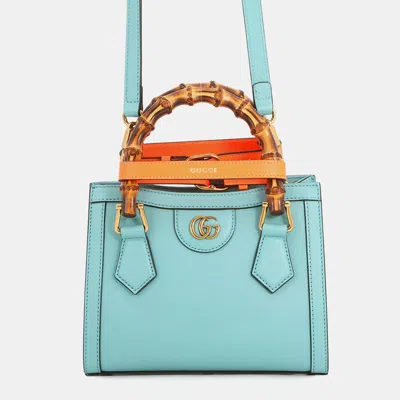 Pre-owned Gucci Diana Bamboo Mini Tote Bag Turquise Blue Leather Bamboo Size Mini