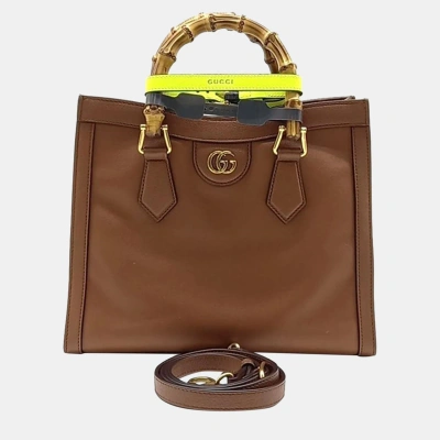 Pre-owned Gucci Brown And Neon Yellow Diana Bamboo Tote Bag Small (660195)