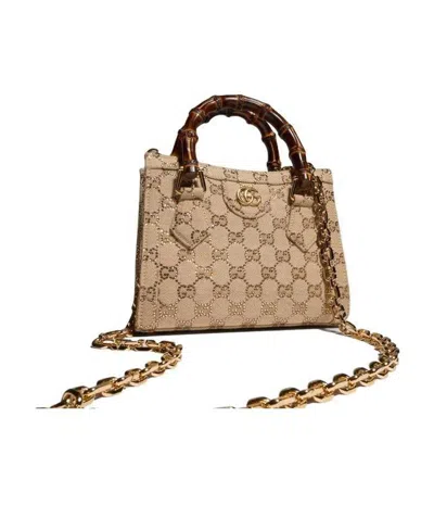 Gucci Diana Crystal Small Tote Bag In Sand / Dark Brown