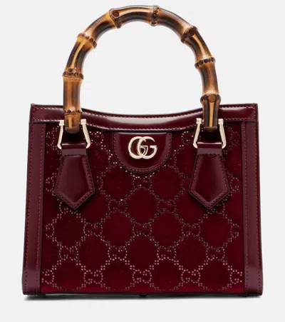 Gucci Diana Gg Crystal Velvet Tote Bag In Burgundy