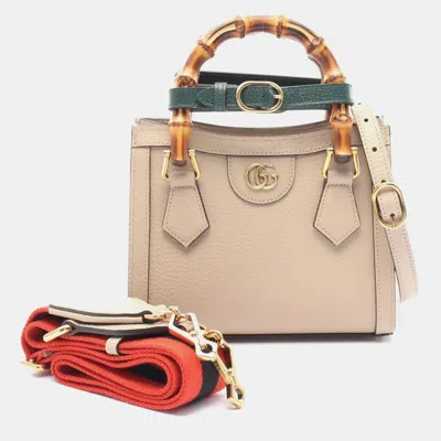 Pre-owned Gucci Diana Mini Bamboo Tote Bag Leather Beige In Sand