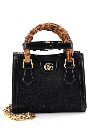 Pre-owned Gucci Diana Nm Bamboo Handle Crystal Embellished Gg Canvas Mini Tote Bag In Black