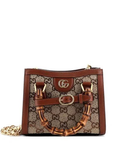 Pre-owned Gucci Diana Nm Bamboo Handle Crystal Embellished Gg Canvas Mini Tote Bag In Brown