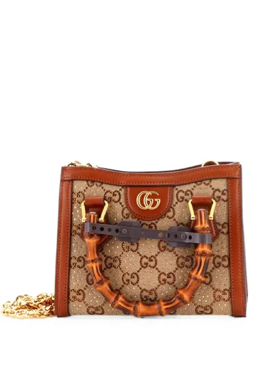 Pre-owned Gucci Diana Nm Bamboo Handle Crystal Embellished Gg Canvas Mini Tote Bag In Brown