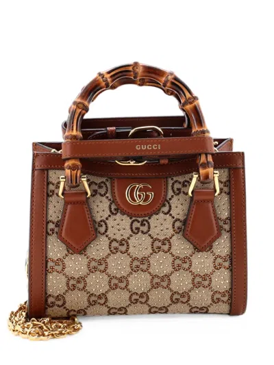 Pre-owned Gucci Diana Nm Bamboo Handle Crystal Embellished Gg Canvas Mini Tote Bag In Brown