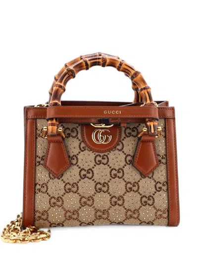 Pre-owned Gucci Diana Nm Bamboo Handle Crystal Embellished Gg Canvas Mini Tote Bag In Brown