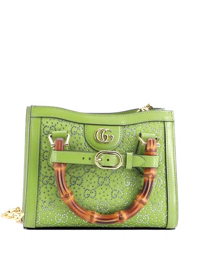 Pre-owned Gucci Diana Nm Bamboo Handle Crystal Embellished Gg Canvas Mini Tote Bag In Green