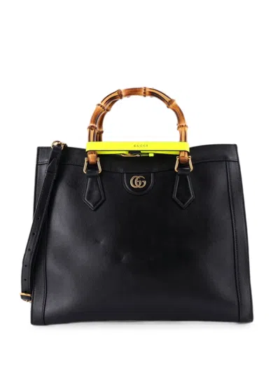 Pre-owned Gucci Diana Nm Bamboo Handle Leather Medium Tote Bag In Black