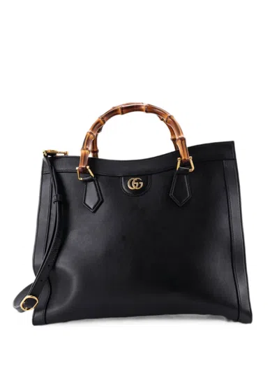 Pre-owned Gucci Diana Nm Bamboo Handle Leather Medium Tote Bag In Black