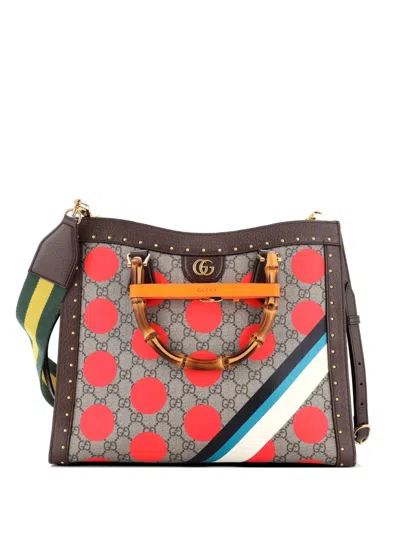 Pre-owned Gucci Diana Nm Bamboo Handle Tote Printed Gg Coated Canvas And Studded Leather Medium Crossbody Bag In Brown