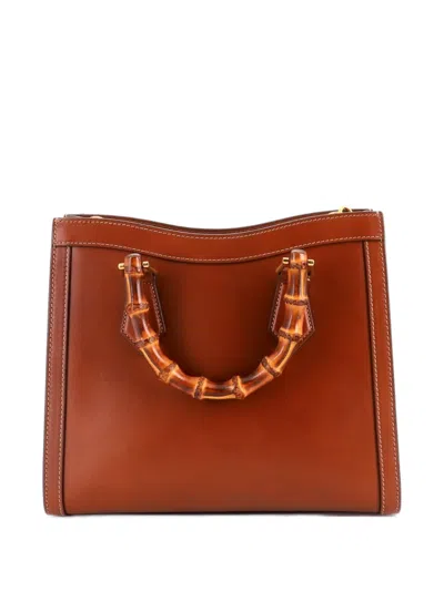 Pre-owned Gucci Diana Nm Logo Bamboo Handle Tote Embossed Leather Small Shoulder Bag In Brown