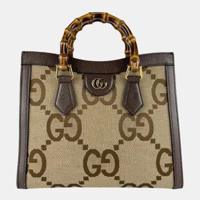 Pre-owned Gucci Diana Small Beige Jumbo Gg Canvas Brown Leather Bamboo Top Handle Bag In Sand