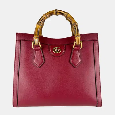 Pre-owned Gucci Diana Small Red Leather Bamboo Top Handle Bag