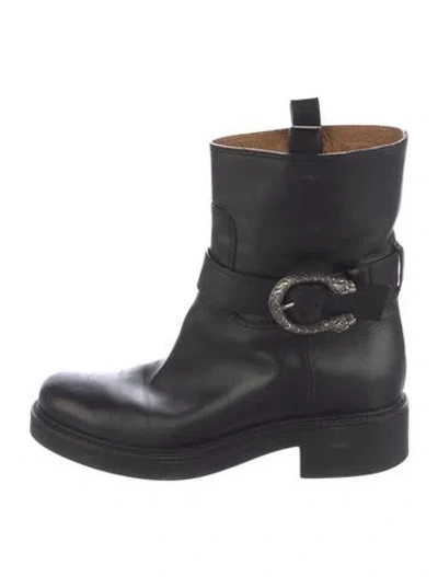 Pre-owned Gucci Dionysus Accent Leather Moto Boots In Black