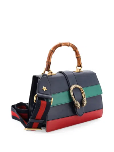 Pre-owned Gucci Dionysus Bamboo Top Handle Bag Colorblock Leather Medium Satchel In Blue