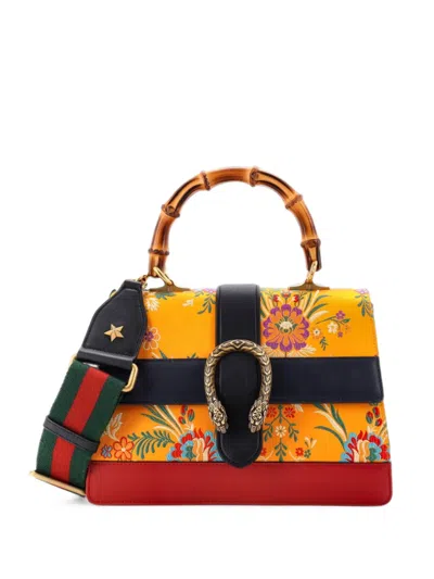 Pre-owned Gucci Dionysus Bamboo Top Handle Bag Floral Jacquard With Leather Medium Satchel In Blue