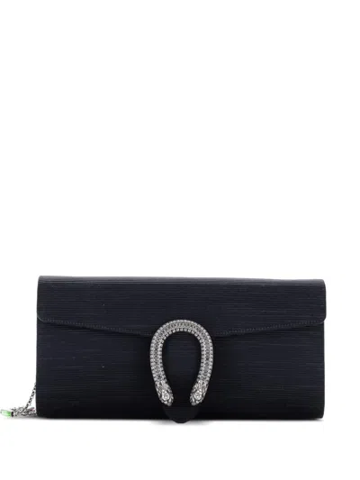 Pre-owned Gucci Dionysus Chain Clutch Ribbed Satin With Crystals Long Shoulder Bag In Black