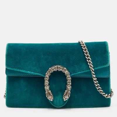 Pre-owned Gucci Dionysus Crystal Super Mini Turquoise Velvet And Leather Shoulder Bag In Green